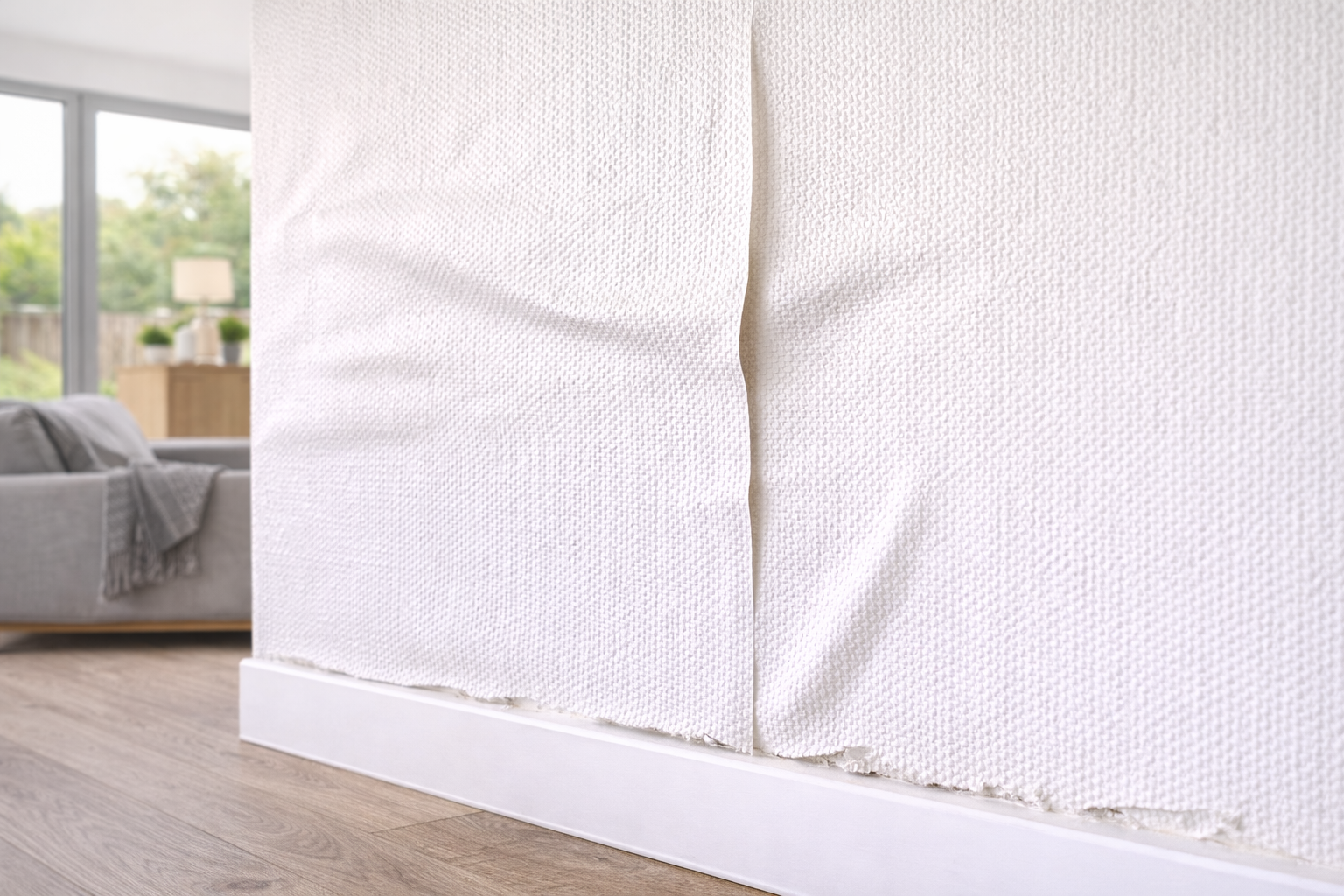 glasweefselbehang fouten zichtbaar naden luchtbellen slecht aangebracht resultaat muur.