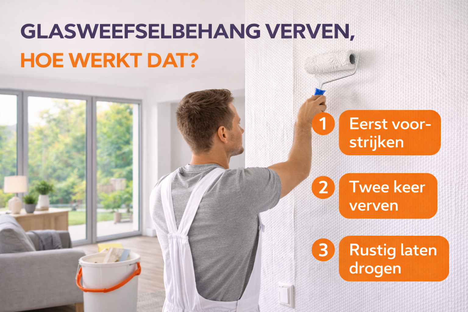 glasweefselbehang verven door schilder op muur strak eindresultaat zonder strepen.