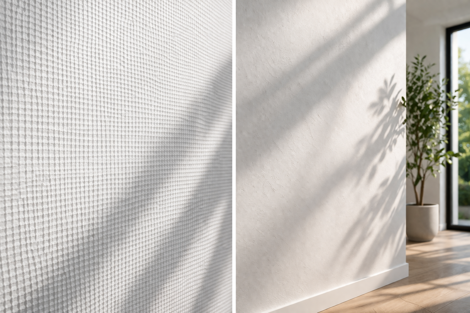 glasweefselbehang en stucwerk vergelijking muur structuur verschil strak afgewerkte wanden interieur.