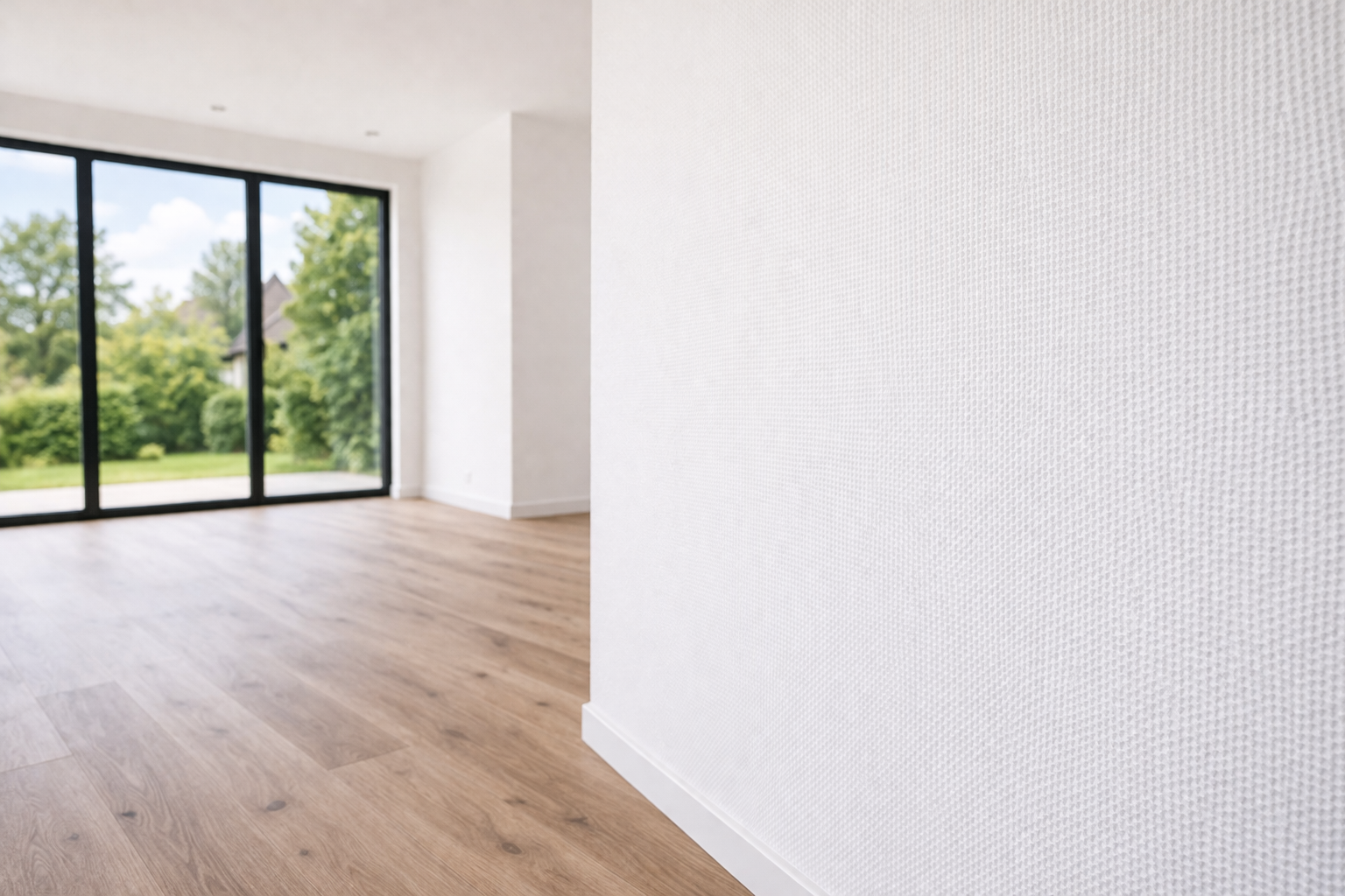 glasweefselbehang nieuwbouwwoning strak afgewerkte muren zonder naden modern interieur resultaat.