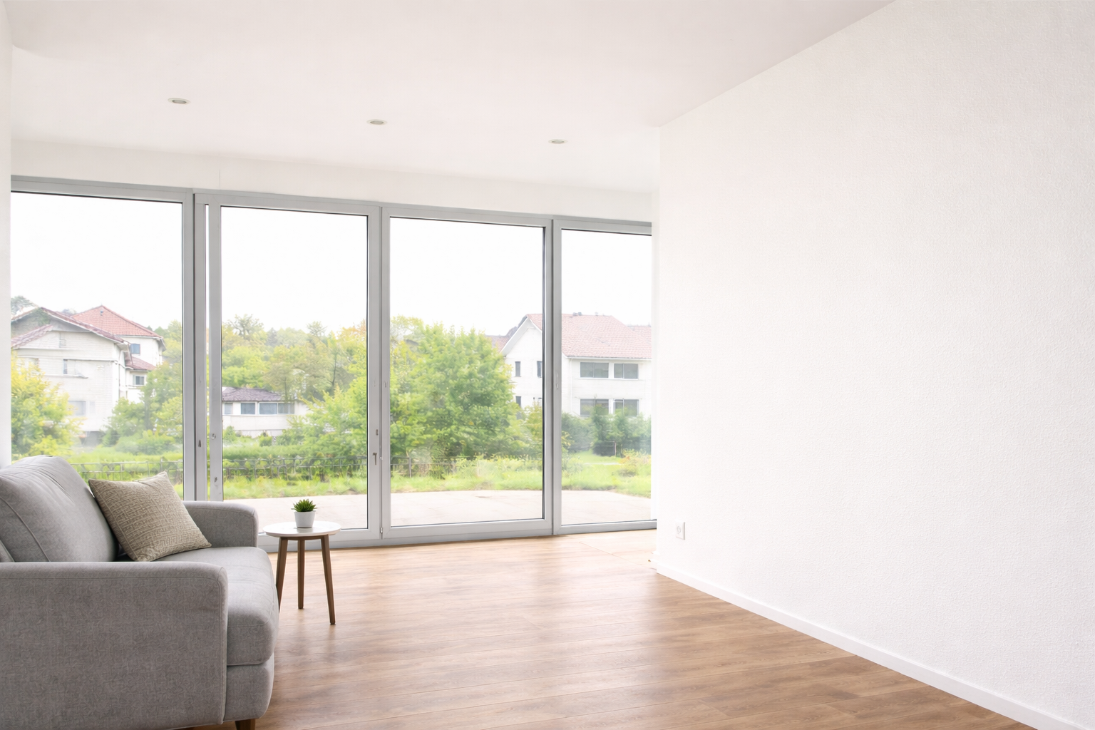 strakke woonkamer met glasweefselbehang op gladde muren zonder naden nieuwbouwwoning resultaat.