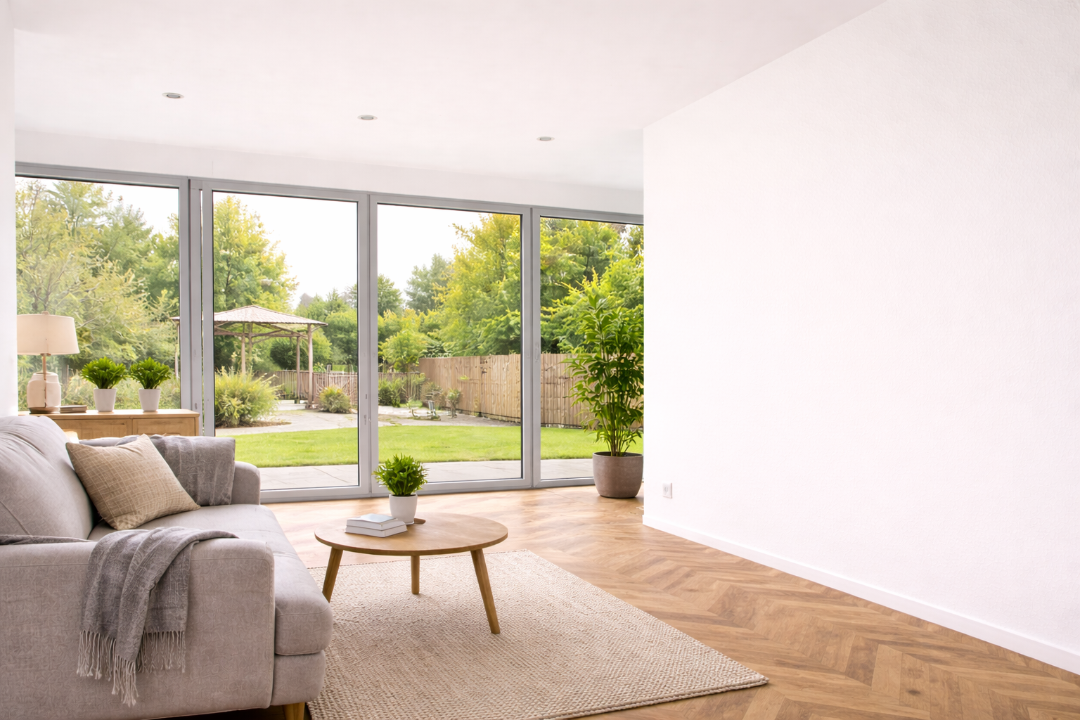 moderne woonkamer met glasweefselbehang strak afgewerkte muren nieuwbouwwoning zonder naden resultaat.