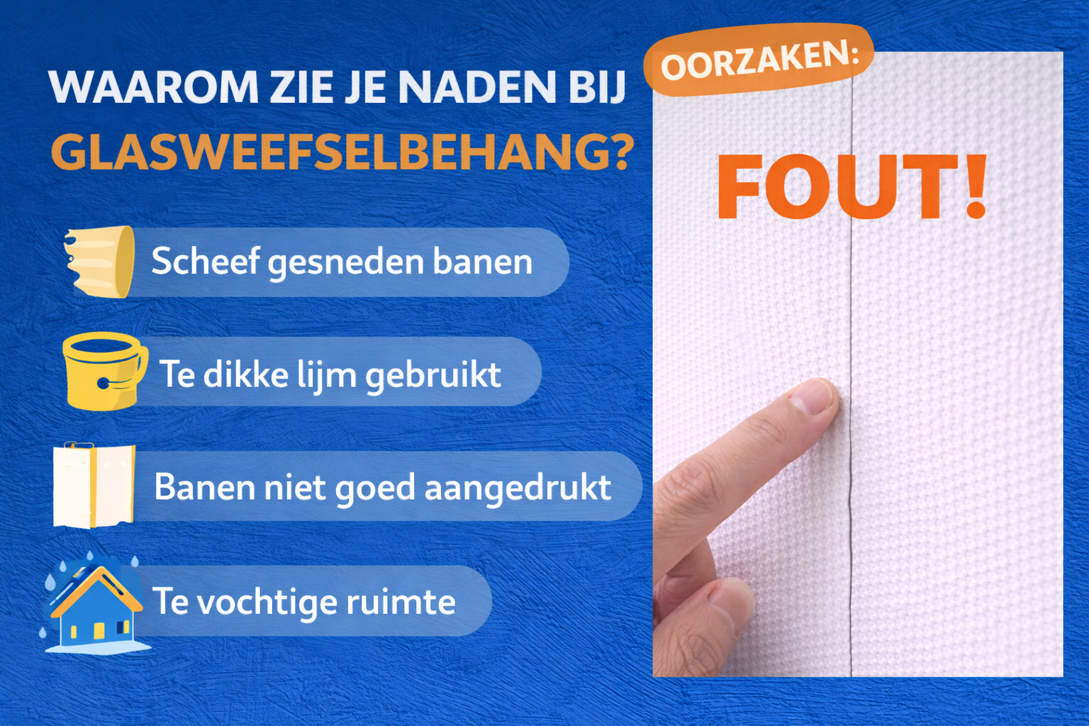 naden glasweefselbehang duidelijk zichtbaar op muur fout resultaat slecht aangebracht behang.