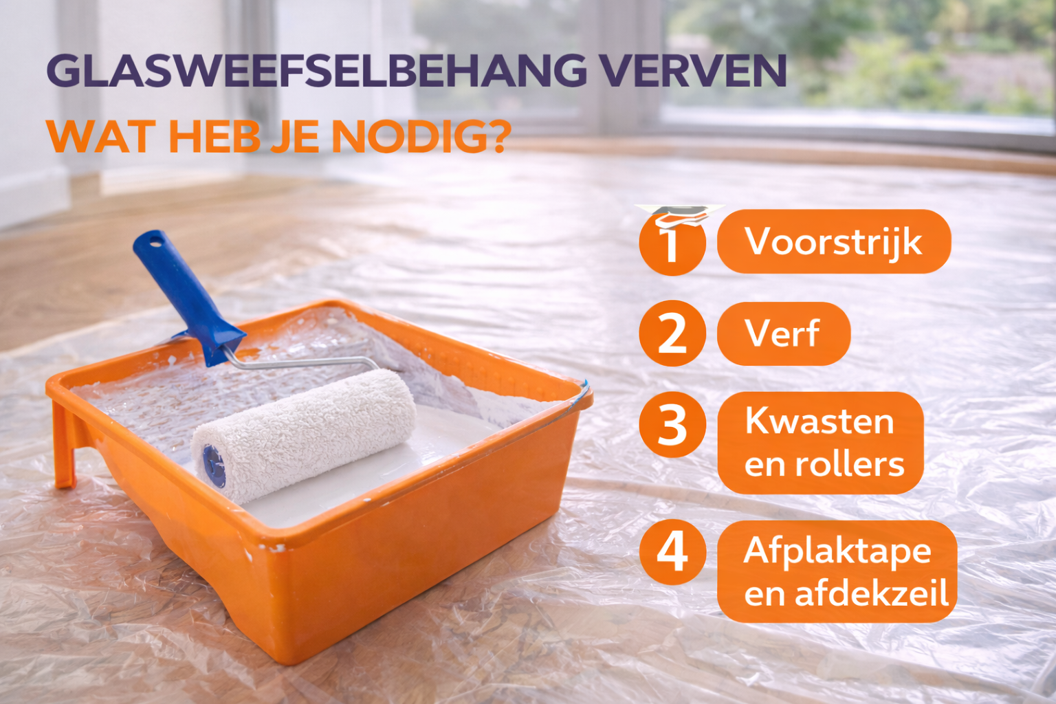 verfroller en verf voor glasweefselbehang verven benodigdheden strak schilderwerk muren.