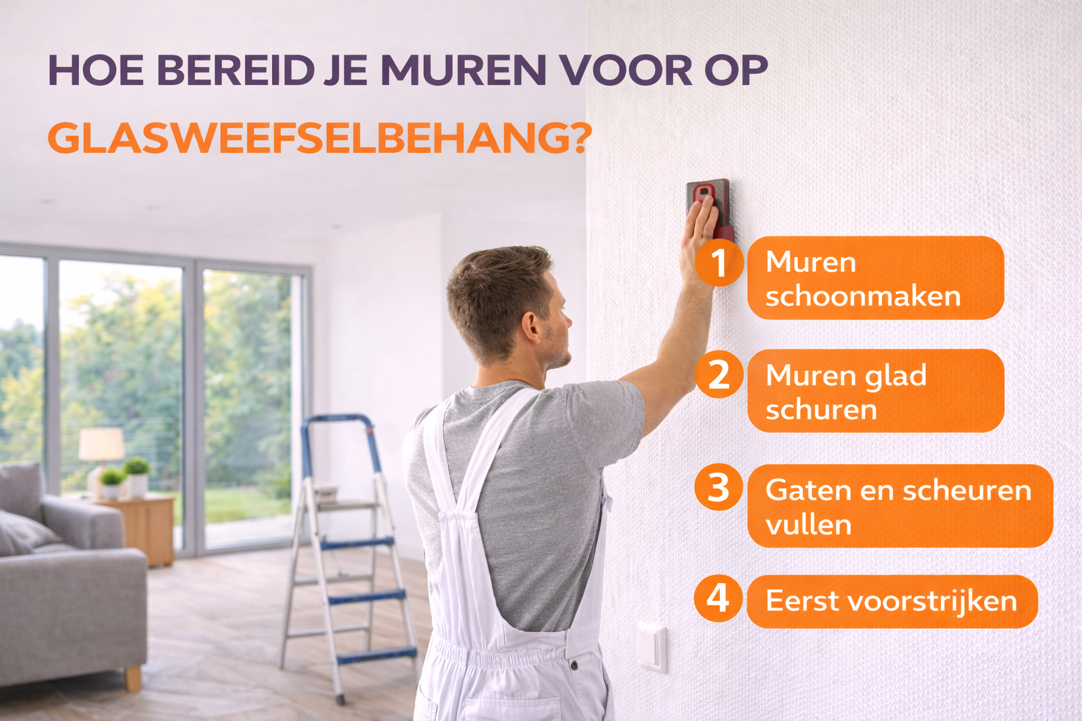muren voorbereiden voor glasweefselbehang schuren en glad maken ondergrond nieuwbouwwoning.