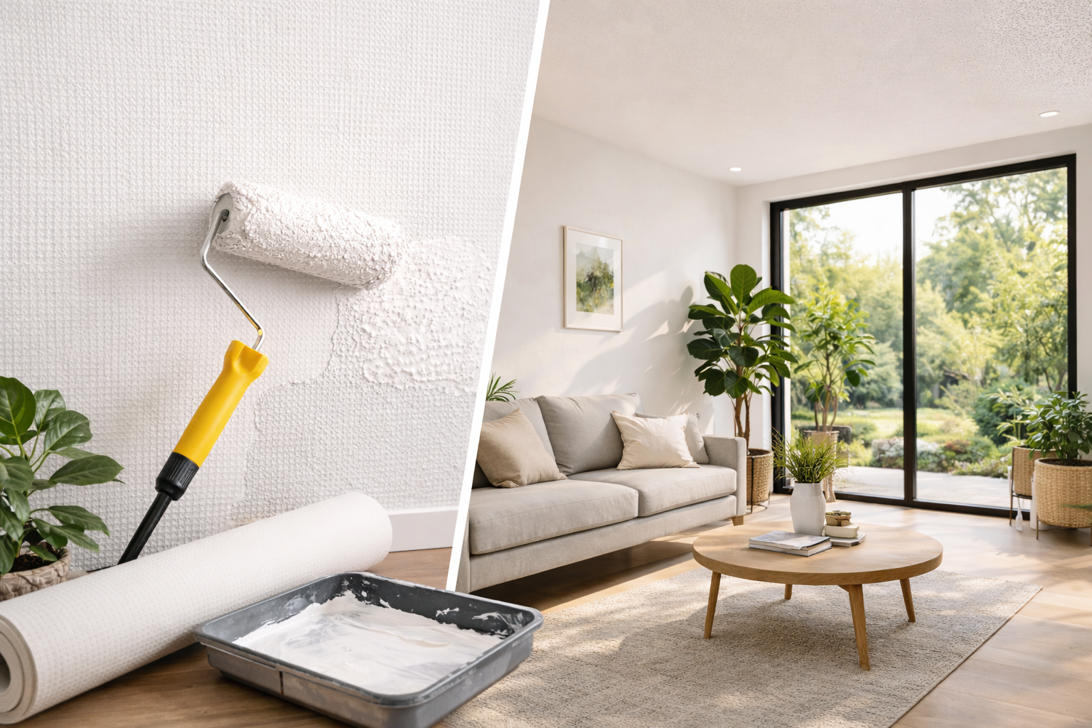 wat is glasweefselbehang aanbrengen en eindresultaat strakke muur moderne woonkamer